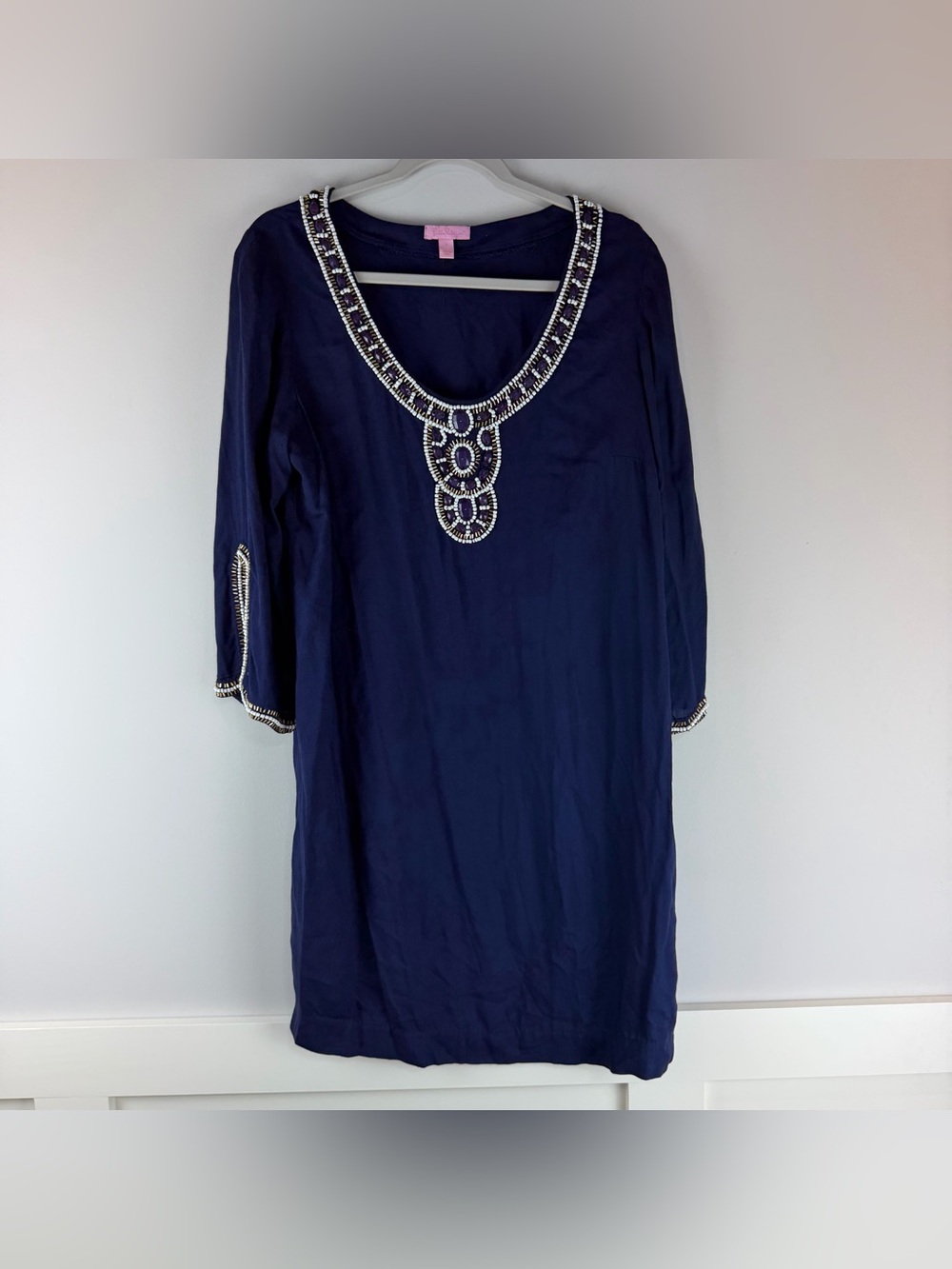 Lilly Pulitzer Navy Blue Beaded Embellished 3/4 Sleeves Tunic Dress Size Large